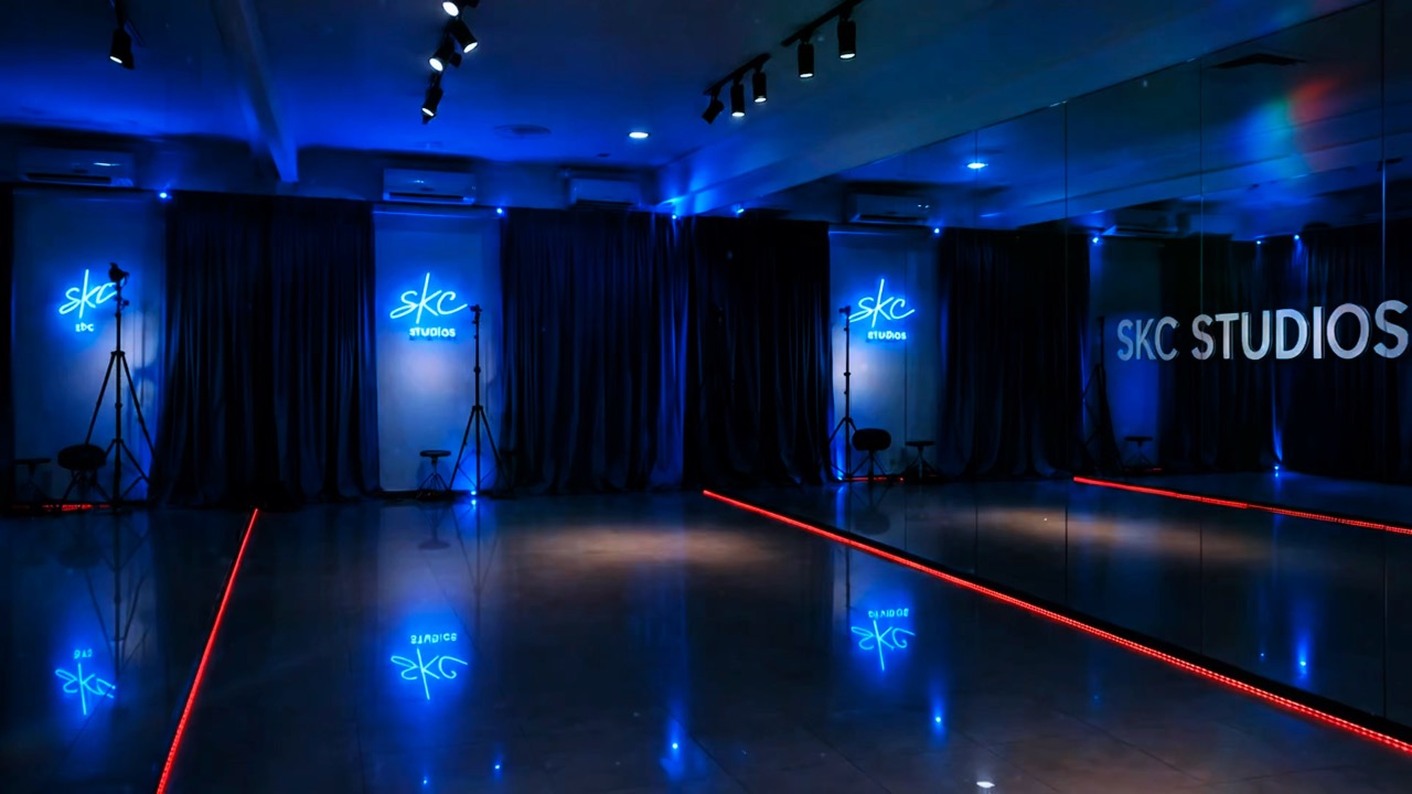 SKC Studios floor lit in blue neon with mirrored wall